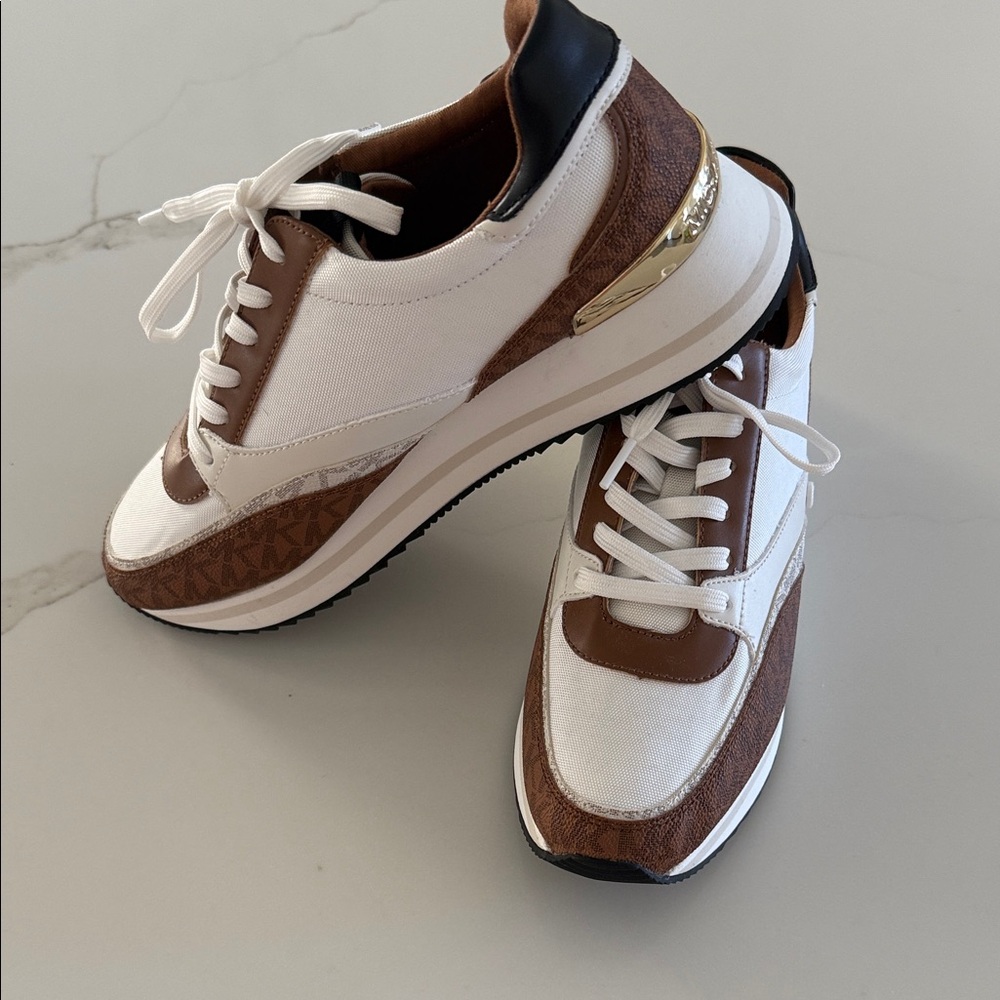 Michael Kors White and Brown Sneakers with Gold Accent